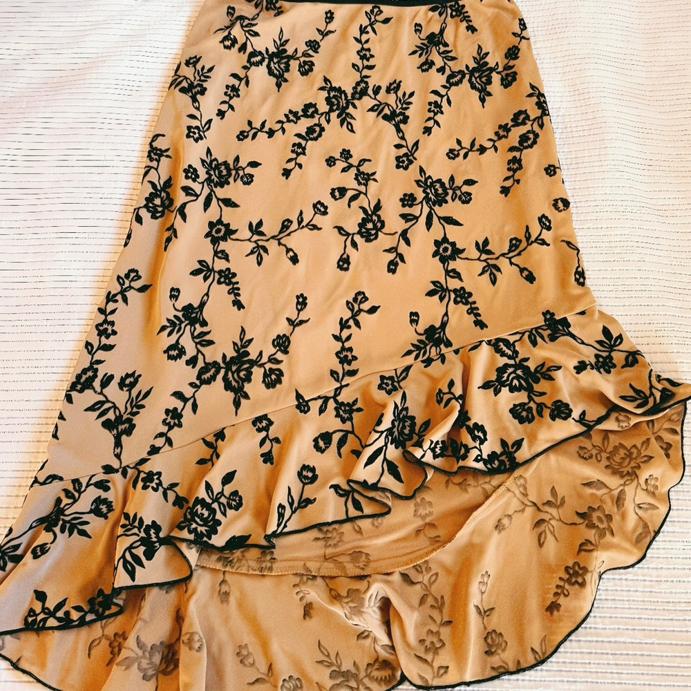 Understated Class- Beige Midi Skirt with Black Floral Ruffle Hem/ Beaded Accents